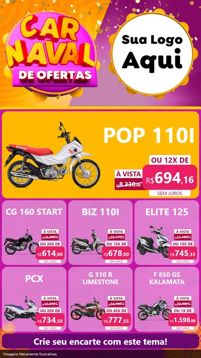 Modelo de Rede Social para Stories com o tema Carnaval de Ofertas para Concessionaria de Motos
