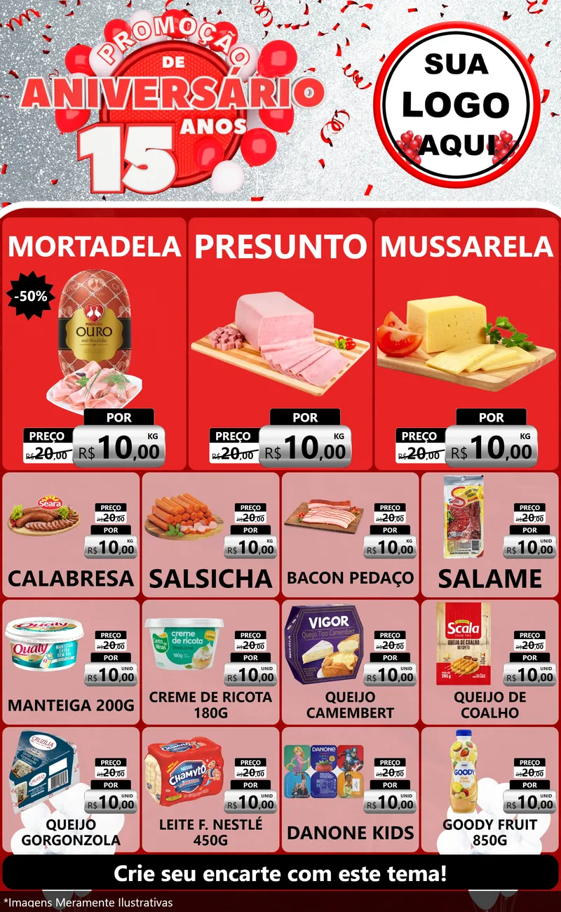 Modelo de Encarte para Encarte Grande com o tema Promoção de Aniversário - 15 Anos para Frios e Laticínios