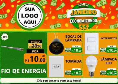 Modelo de Encarte para Encarte A4 Horizontal com o tema Comece Janeiro Economizando para Materiais Elétricos