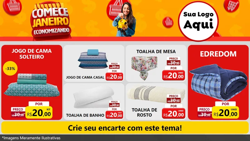 Modelo de TV para TV Horizontal com o tema Comece Janeiro Economizando para Cama, Mesa e Banho