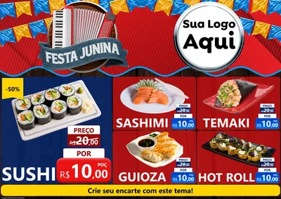 Modelo de Encarte para Encarte A4 Horizontal com o tema Festa Junina para Comida japonesa