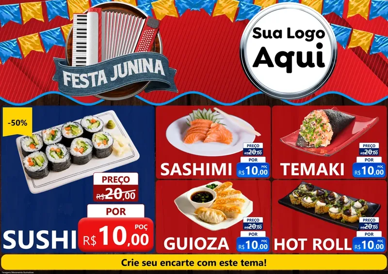 Modelo de Encarte para Encarte A4 Horizontal com o tema Festa Junina para Comida japonesa