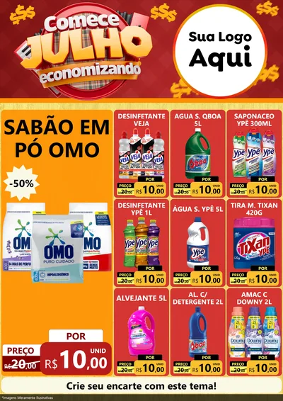 Modelo de Encarte para Encarte A4 Vertical com o tema Comece Julho Economizando para Produtos de Limpeza