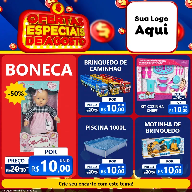 Modelo de Rede Social para Feed Facebook com o tema Ofertas Especiais de Agosto para Brinquedos
