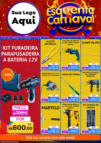 Modelo de Encarte para Encarte A4 Vertical com o tema Esquenta de Carnaval para Maquinas e Ferramentas
