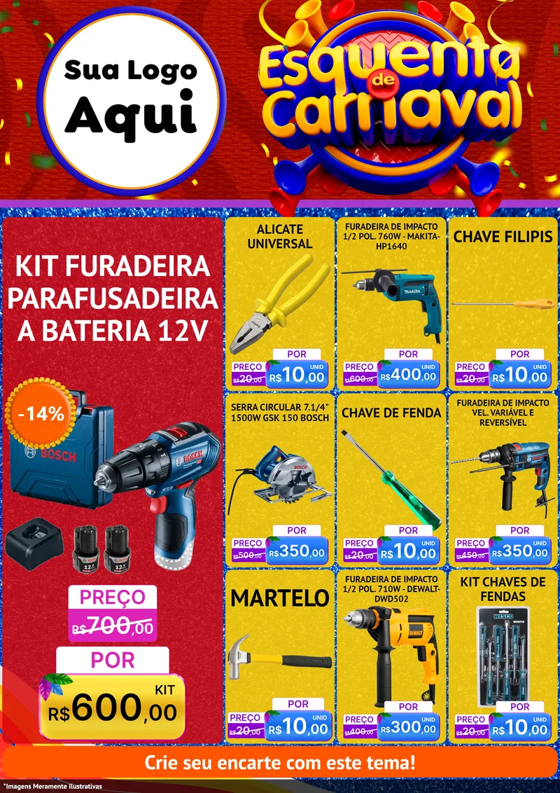 Modelo de Encarte para Encarte A4 Vertical com o tema Esquenta de Carnaval para Maquinas e Ferramentas