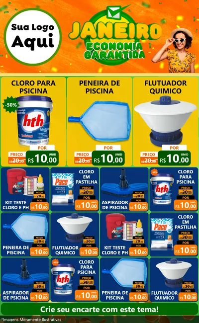 Modelo de Encarte para Encarte Grande com o tema Janeiro - Economia Garantida para Produtos para Piscina
