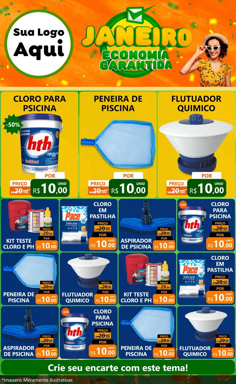 Modelo de Encarte para Encarte Grande com o tema Janeiro - Economia Garantida para Produtos para Piscina