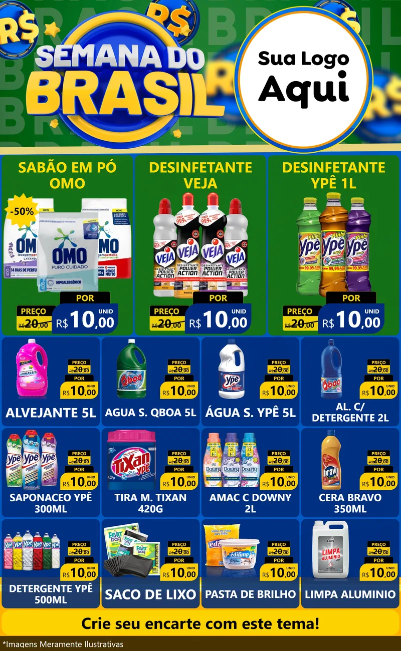 Modelo de Encarte para Encarte Grande com o tema Semana Do Brasil para Produtos de Limpeza