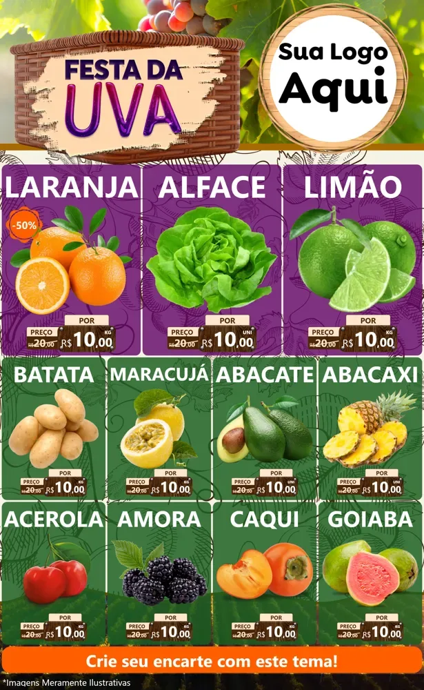 Modelo de Encarte para Encarte Grande com o tema Festa da Uva para Hortifrúti