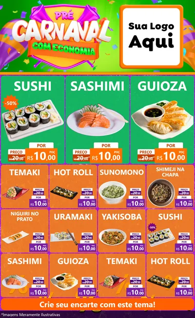 Modelo de Encarte para Encarte Grande com o tema Pré-Carnaval Com Economia para Comida japonesa