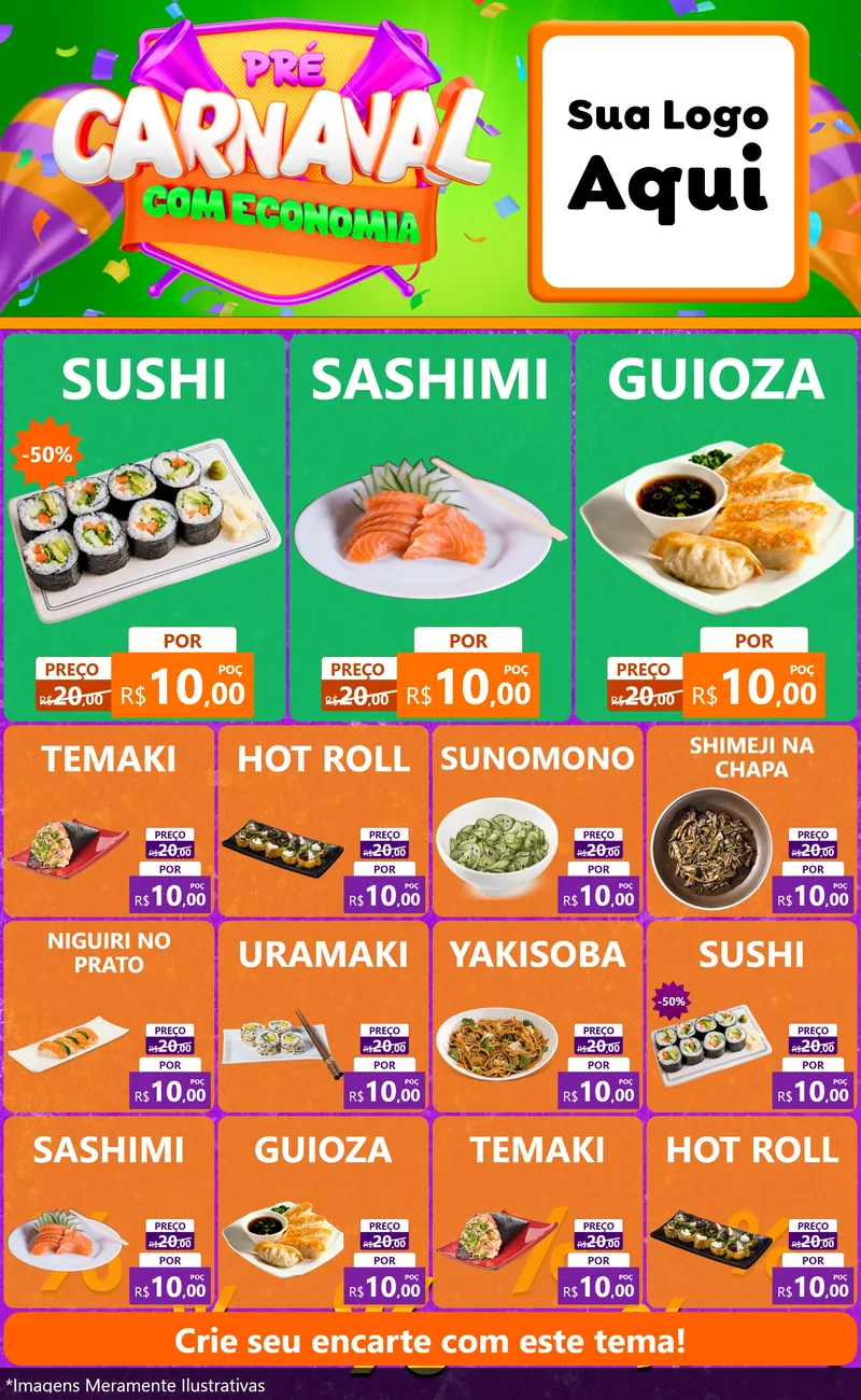 Modelo de Encarte para Encarte Grande com o tema Pré-Carnaval Com Economia para Comida japonesa