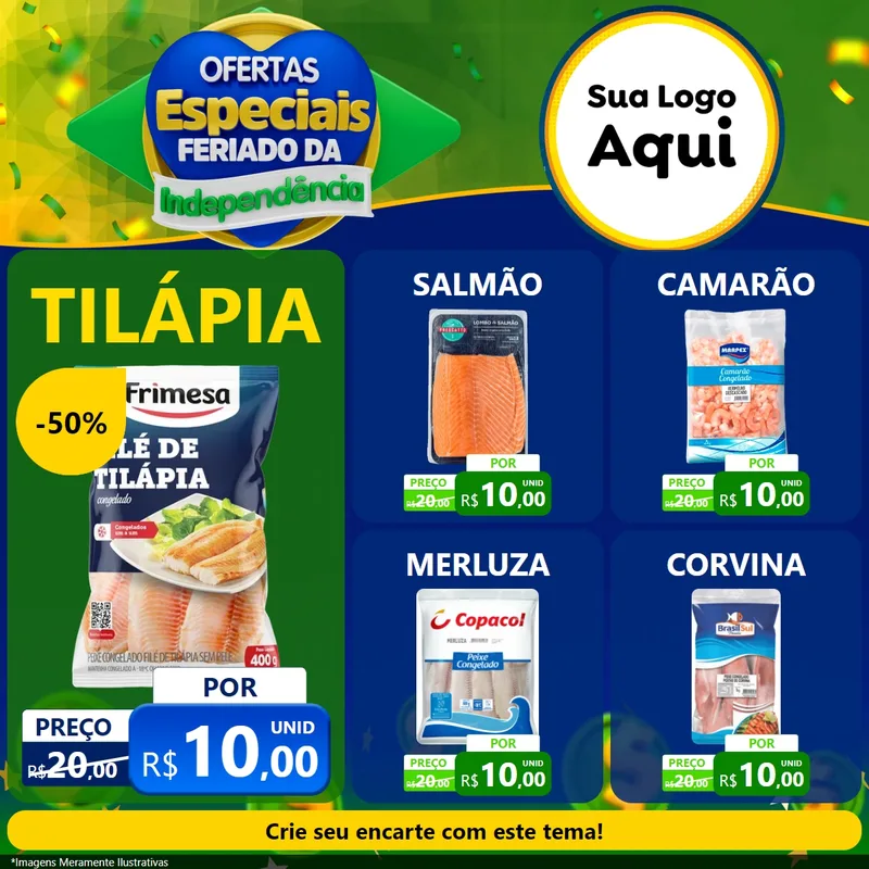Modelo de Rede Social para Feed Facebook com o tema Ofertas Especiais Feriado da Independência para Peixaria