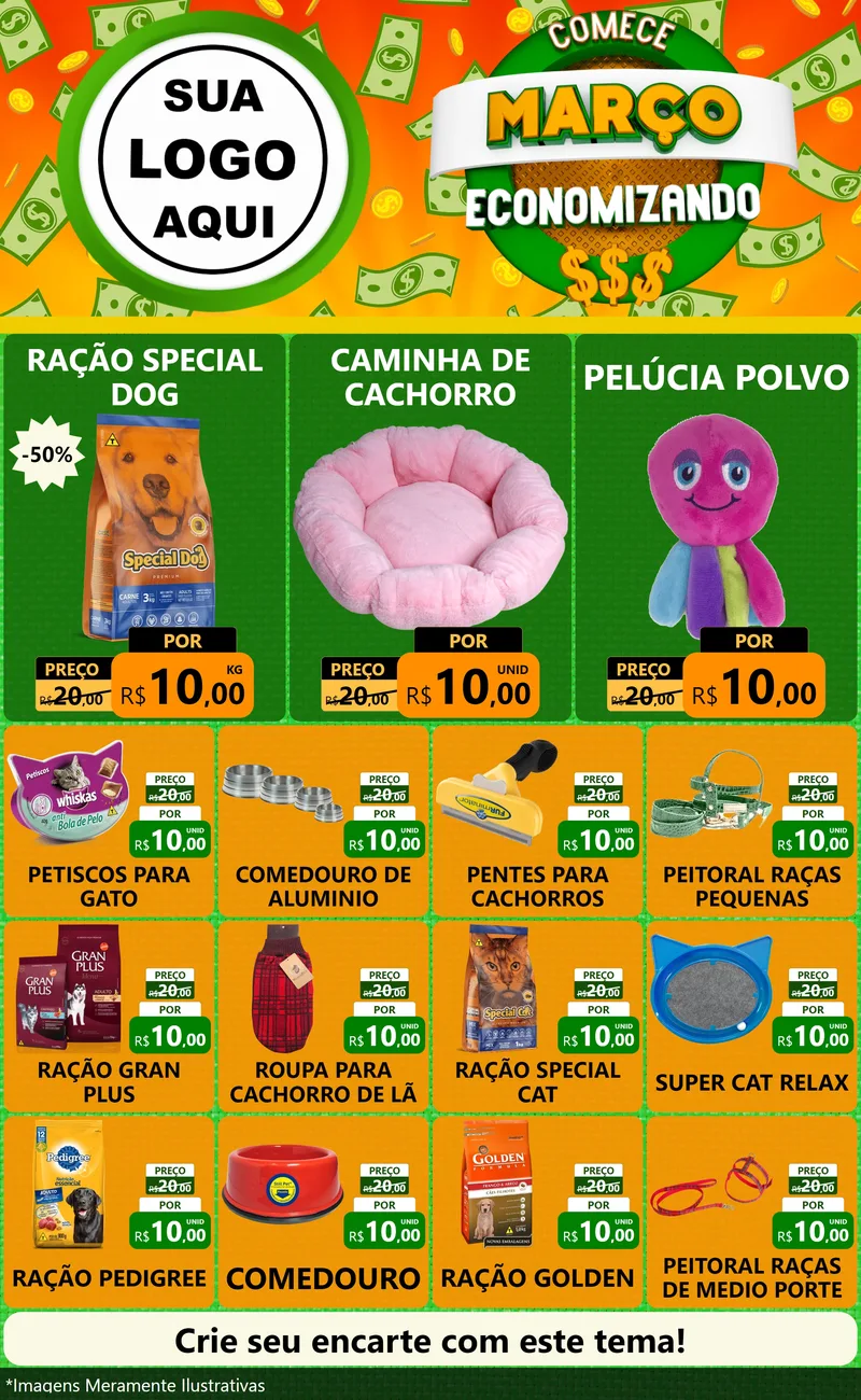 Modelo de Encarte para Encarte Grande com o tema Comece Março Economizando para Pet Shop