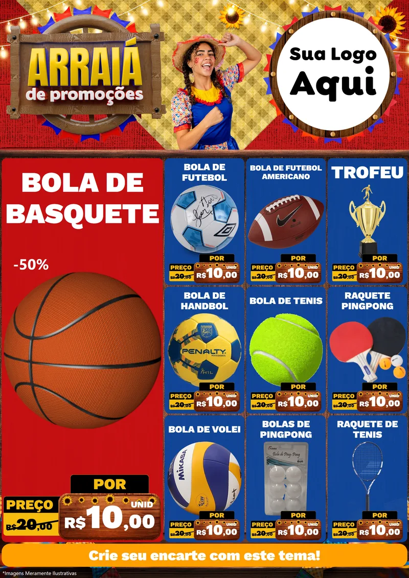 Modelo de Encarte para Encarte A4 Vertical com o tema Arraiá de Promoções para Artigos Esportivos