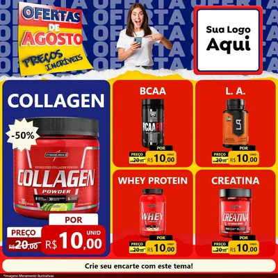 Modelo de Rede Social para Feed Facebook com o tema Ofertas de Agosto - Preços Incríveis para Suplementos alimentares