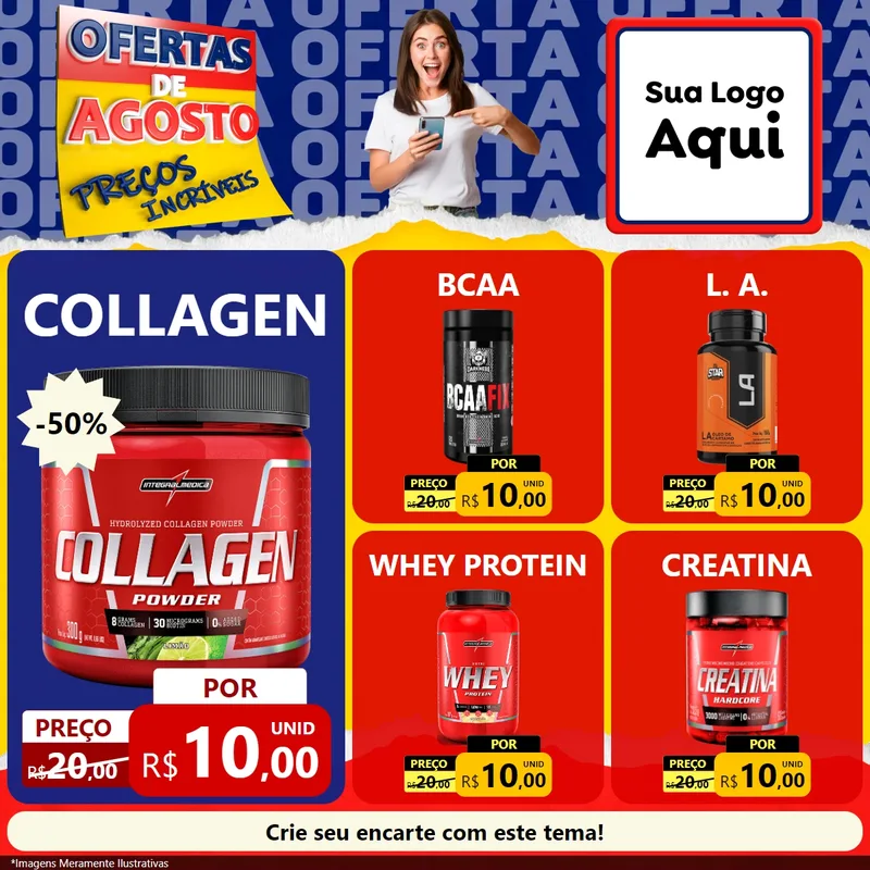Modelo de Rede Social para Feed Facebook com o tema Ofertas de Agosto - Preços Incríveis para Suplementos alimentares