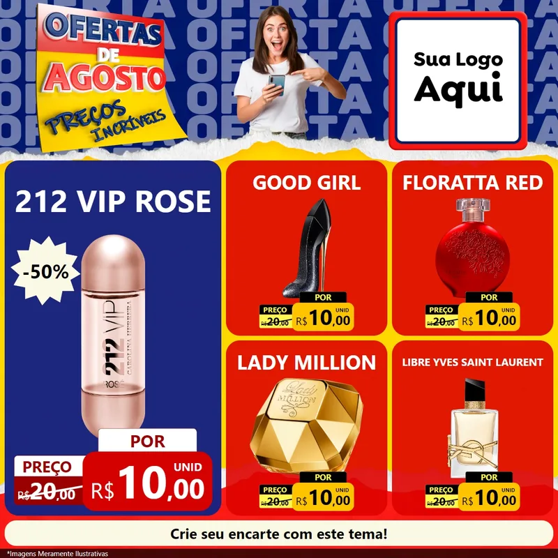 Modelo de Rede Social para Feed Facebook com o tema Ofertas de Agosto - Preços Incríveis para Perfumes
