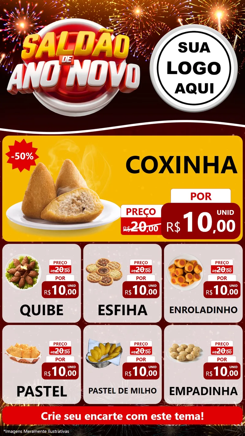 Modelo de Rede Social para Stories com o tema Saldão de Ano Novo para Salgadaria