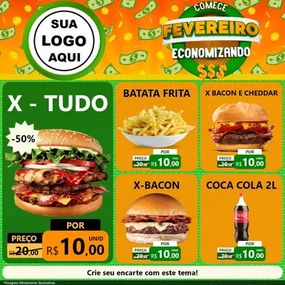 Modelo de Rede Social para Feed Facebook com o tema Comece Fevereiro Economizando para Hamburgueria