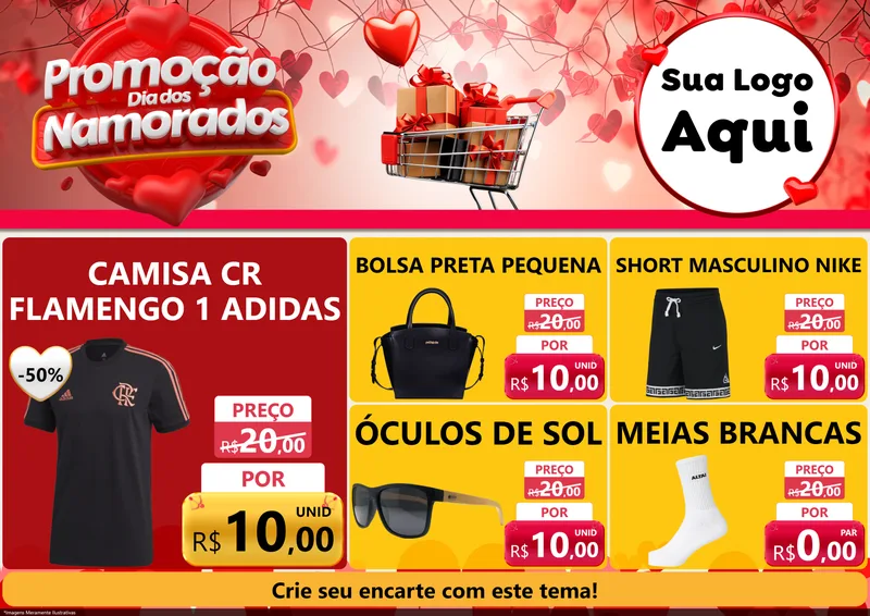 Modelo de Encarte para Encarte A4 Horizontal com o tema Promoção Dia dos Namorados para Roupas e acessórios