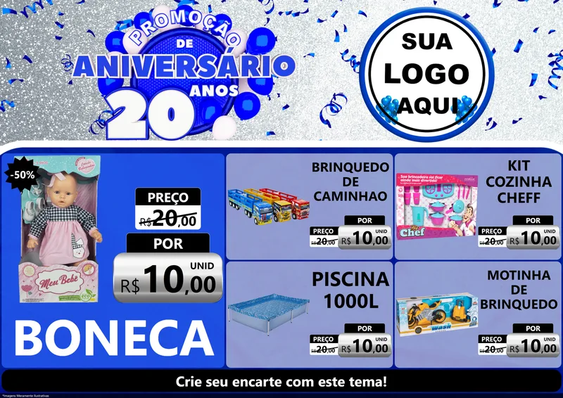 Modelo de Encarte para Encarte A4 Horizontal com o tema Promoção de Aniversário - 20 Anos para Brinquedos