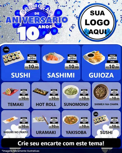Modelo de Rede Social para Feed Instagram com o tema Promoção de Aniversário - 10 Anos para Comida japonesa