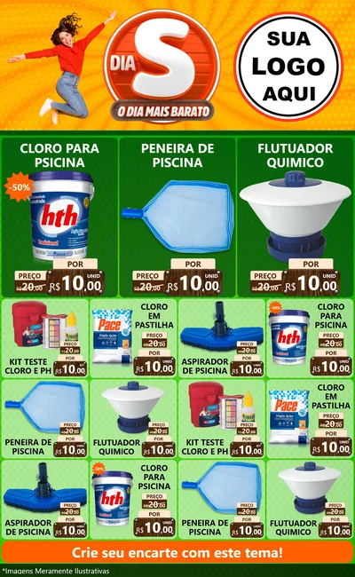 Modelo de Encarte para Encarte Grande com o tema Dia S - O Dia Mais Barato para Produtos para Piscina