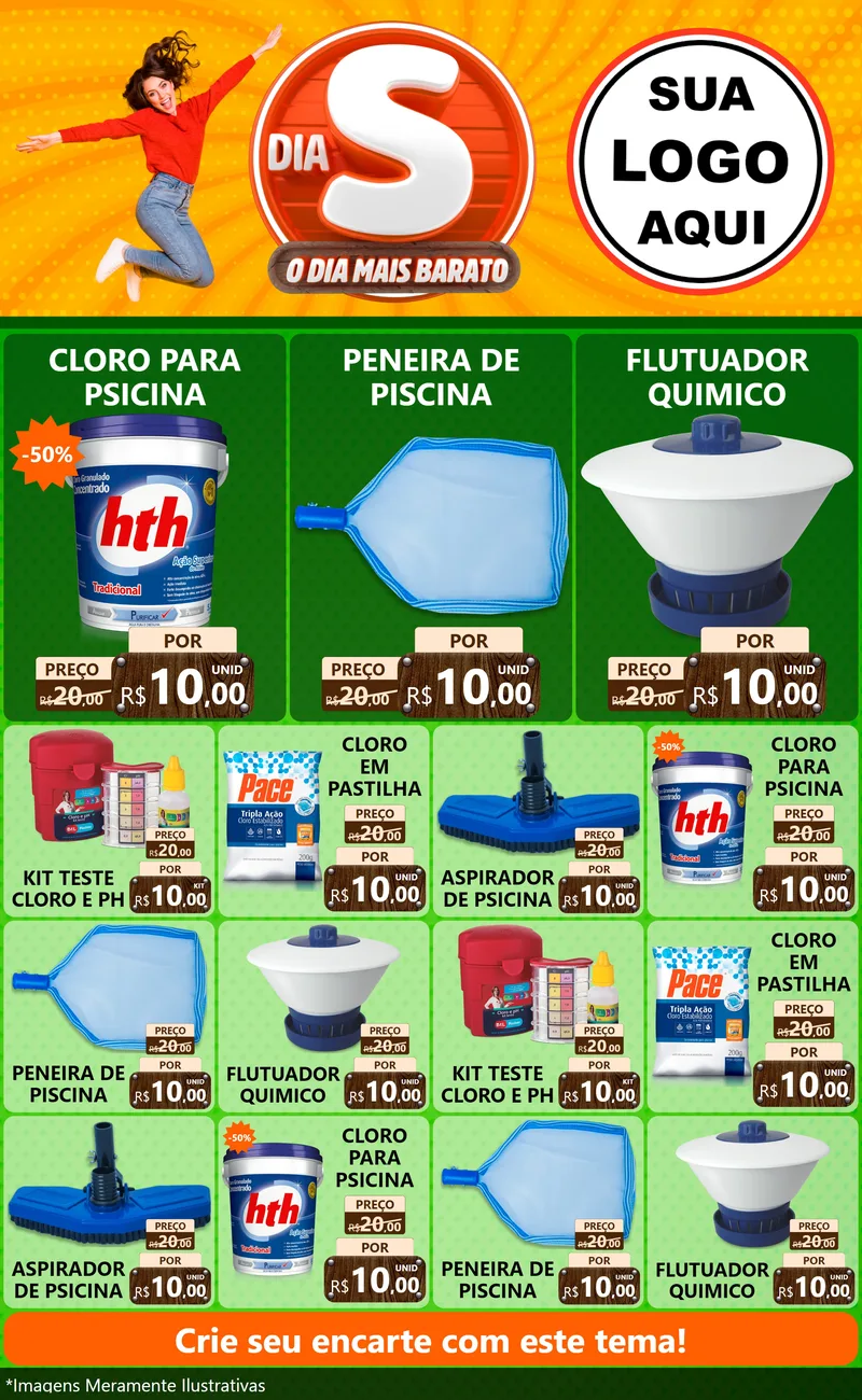 Modelo de Encarte para Encarte Grande com o tema Dia S - O Dia Mais Barato para Produtos para Piscina