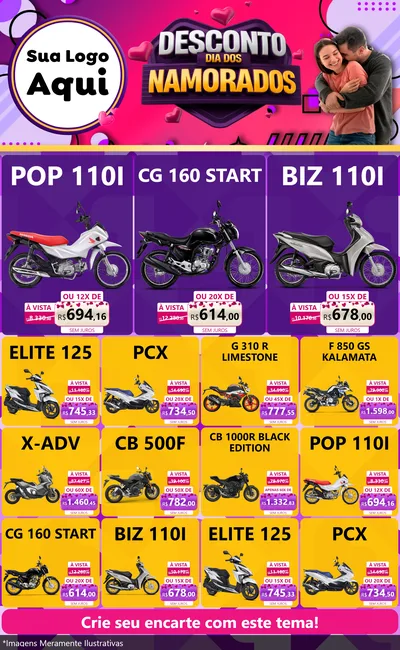 Modelo de Encarte para Encarte Grande com o tema Desconto Dia dos Namorados para Concessionaria de Motos