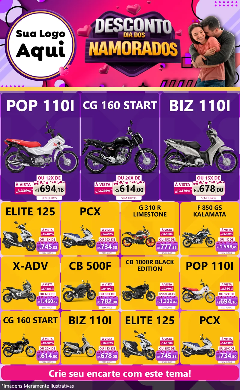 Modelo de Encarte para Encarte Grande com o tema Desconto Dia dos Namorados para Concessionaria de Motos