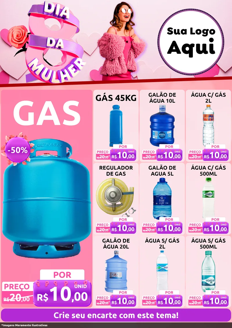 Modelo de Encarte para Encarte A4 Vertical com o tema Dia da Mulher para Água e gás