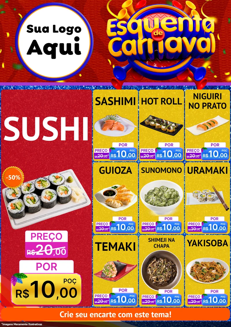 Modelo de Encarte para Encarte A4 Vertical com o tema Esquenta de Carnaval para Comida japonesa
