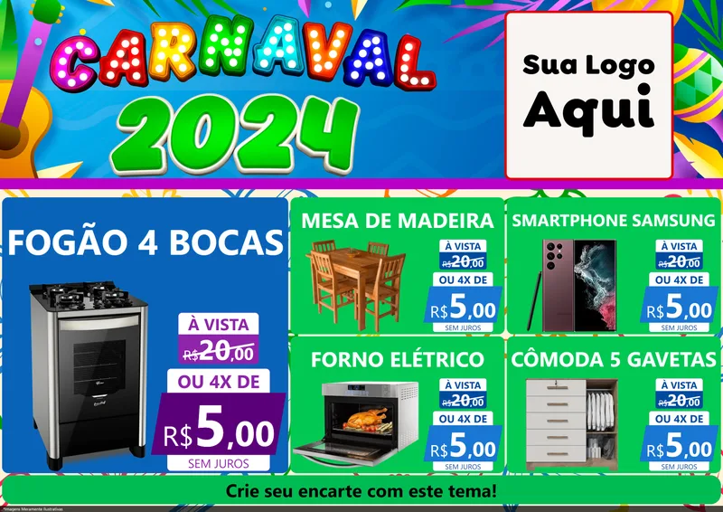 Modelo de Encarte para Encarte A4 Horizontal com o tema Carnaval 2027 para Móveis e Eletro