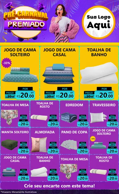 Modelo de Encarte para Encarte Grande com o tema Pré-Carnaval Premiado para Cama, Mesa e Banho
