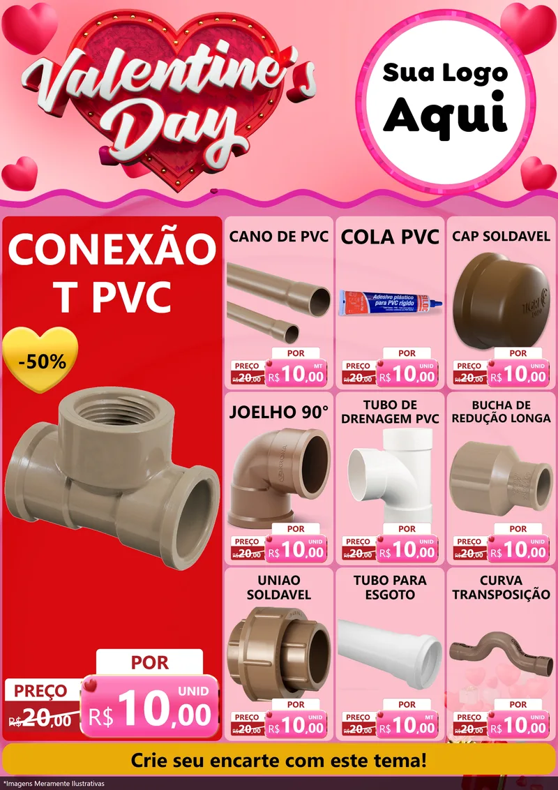Modelo de Encarte para Encarte A4 Vertical com o tema Valentine's Day para Tubos e conexões