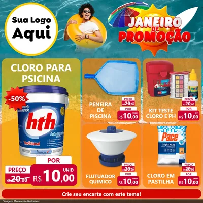 Modelo de Rede Social para Feed Facebook com o tema Janeiro de Promoção para Produtos para Piscina