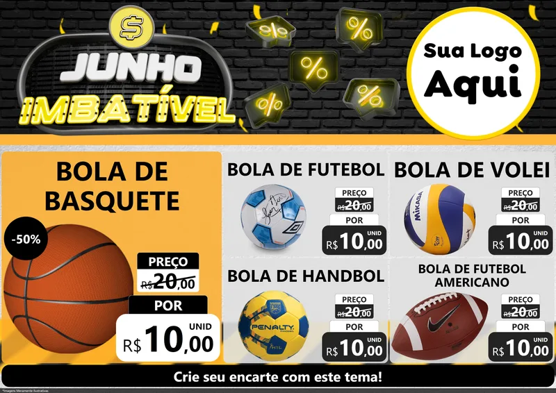 Modelo de Encarte para Encarte A4 Horizontal com o tema Junho Imbatível para Artigos Esportivos