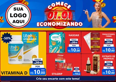 Modelo de Encarte para Encarte A4 Horizontal com o tema Comece 1º de Janeiro Economizando para Farmácia