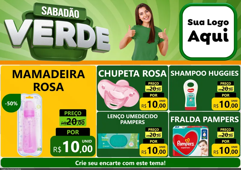 Modelo de Encarte para Encarte A4 Horizontal com o tema Sabadão Verde para Bebês
