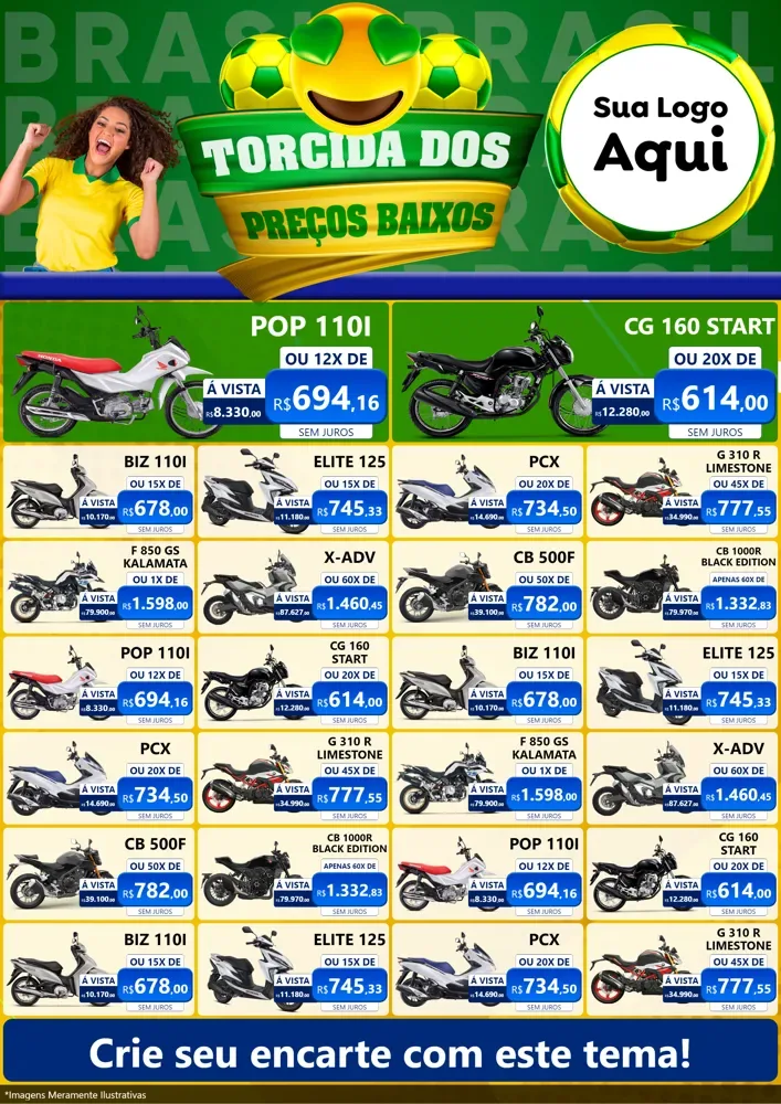 Modelo de Encarte para Encarte A4 Vertical com o tema Torcida dos Preços Baixos - Copa para Concessionaria de Motos