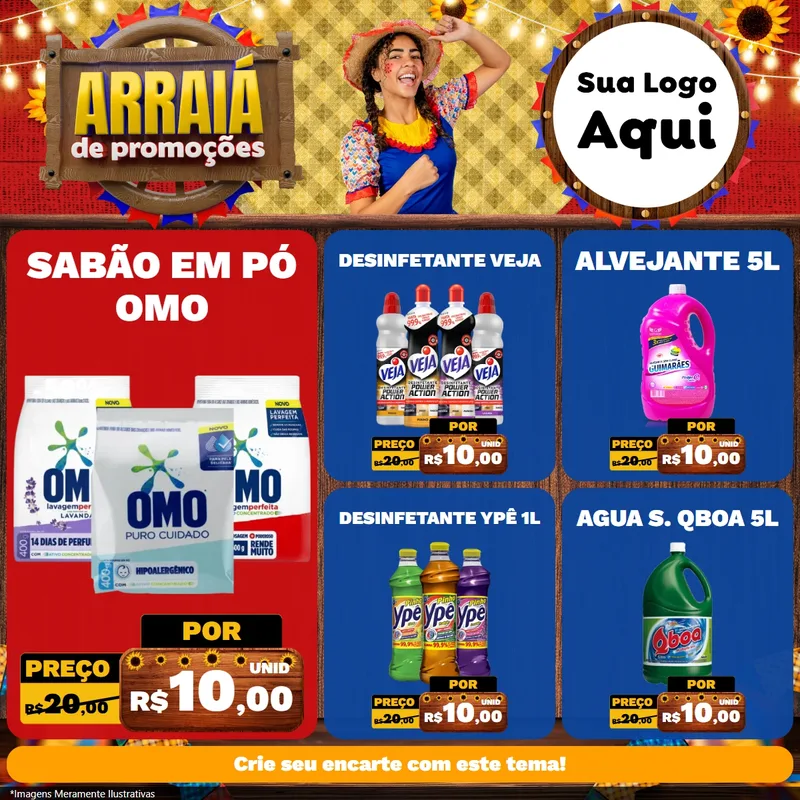 Modelo de Rede Social para Feed Facebook com o tema Arraiá de Promoções para Produtos de Limpeza