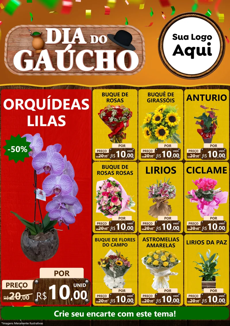Modelo de Encarte para Encarte A4 Vertical com o tema Dia do Gaúcho para Floricultura e jardim