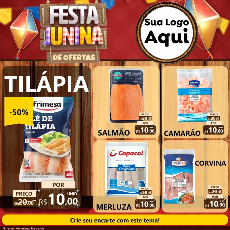 Modelo de Rede Social para Feed Facebook com o tema Festa Junina de Ofertas para Peixaria