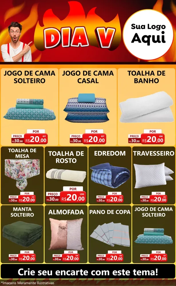 Modelo de Encarte para Encarte Grande com o tema Dia V para Cama, Mesa e Banho