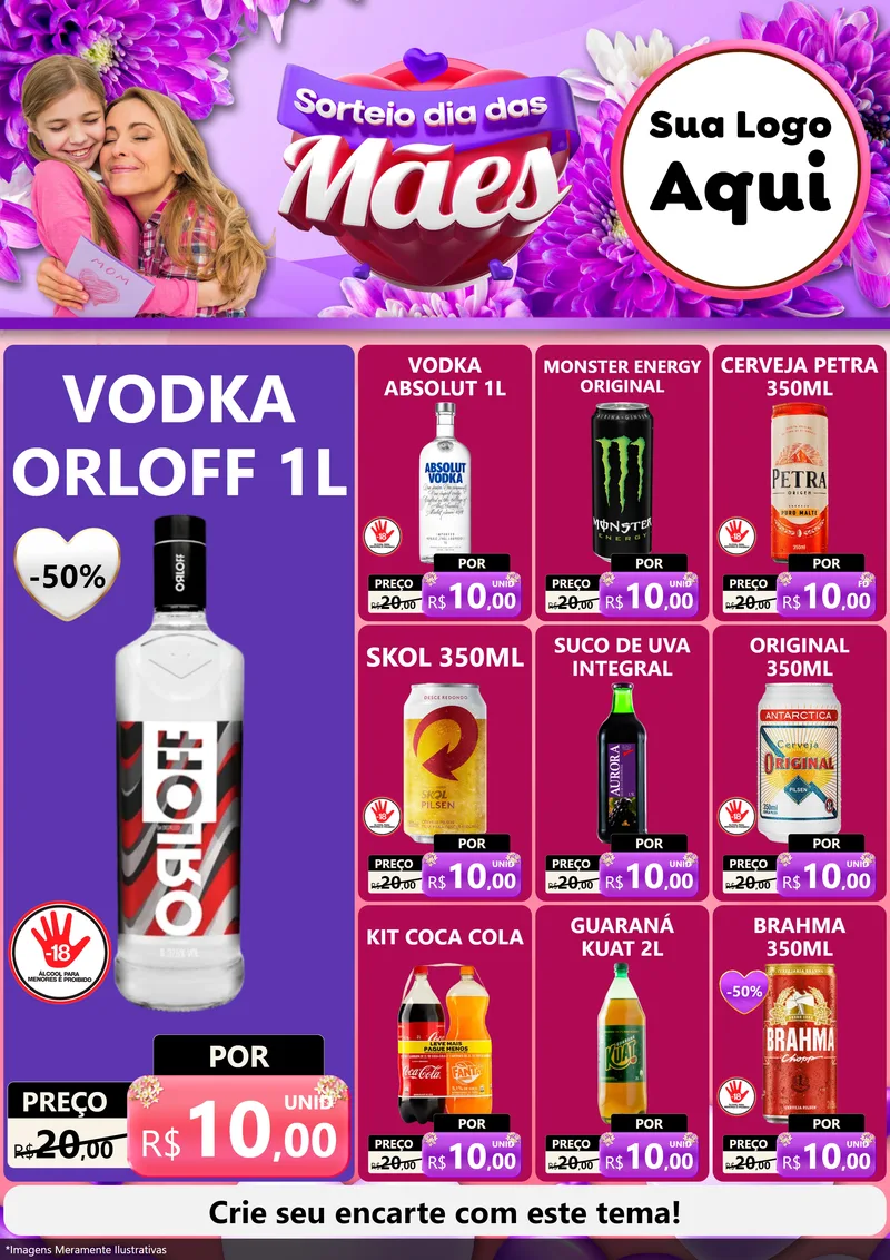 Modelo de Encarte para Encarte A4 Vertical com o tema Sorteio Dia das Mães para Distribuidora de bebidas
