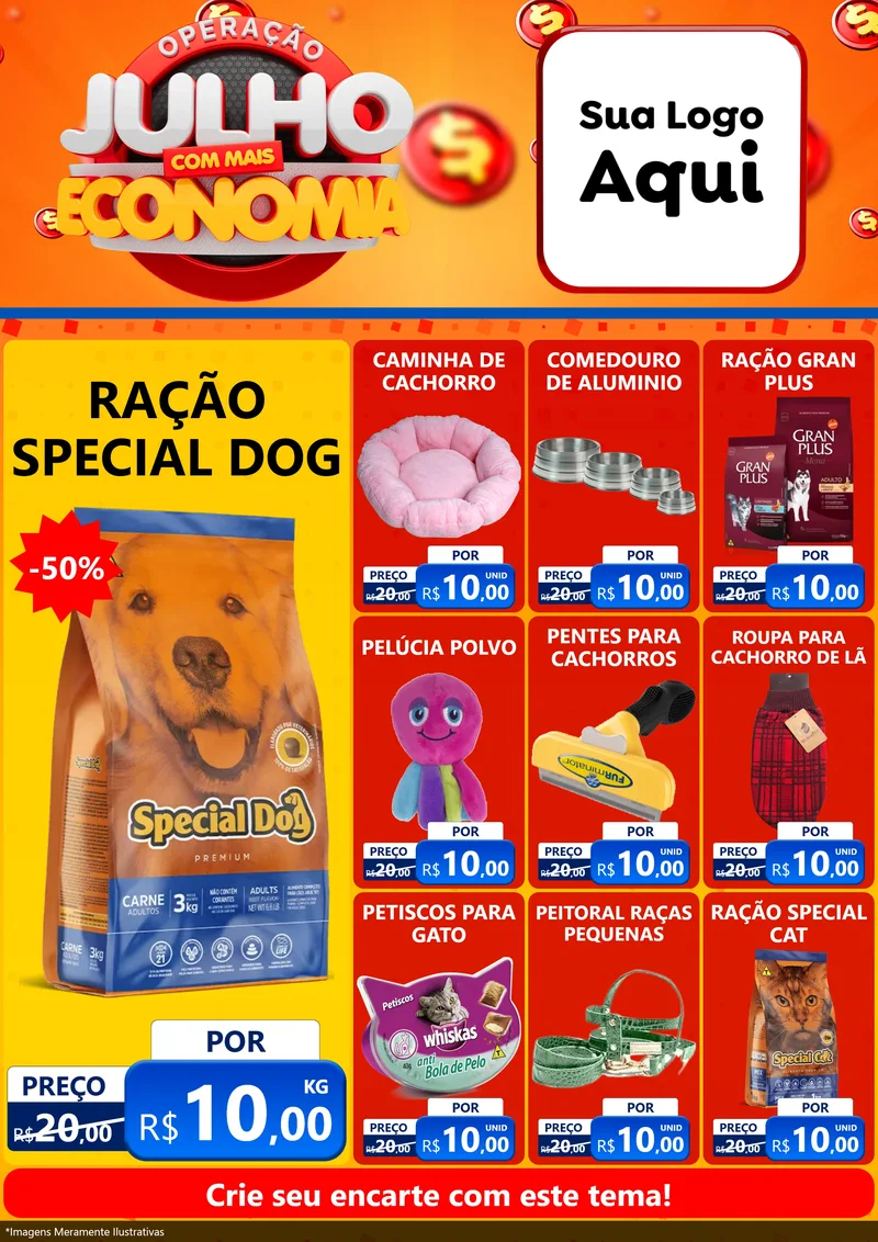 Modelo de Encarte para Encarte A4 Vertical com o tema Operação Julho Com Mais Economia para Pet Shop