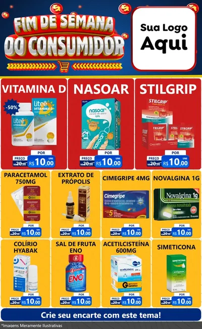 Modelo de Encarte para Encarte Grande com o tema Fim de Semana do Consumidor para Farmácia