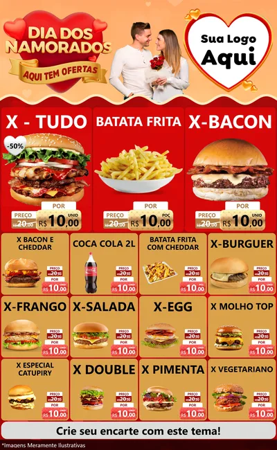 Modelo de Encarte para Encarte Grande com o tema Dia dos Namorados - Aqui Tem Ofertas para Hamburgueria