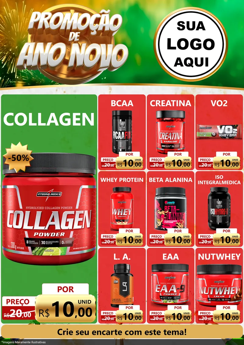 Modelo de Encarte para Encarte A4 Vertical com o tema Promoção de Ano Novo para Suplementos alimentares
